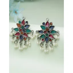 Moedbuille Silver-Plated Artificial Beaded Floral Oxidised Studs Earrings-picture-18