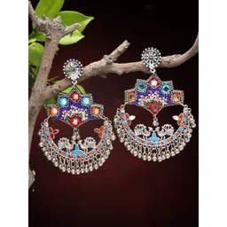 Moedbuille Silver-Plated Artificial Beaded Peacock Shaped Oxidised Chandbalis-picture-13