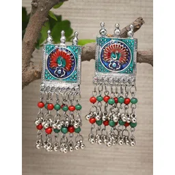 Moedbuille Silver-Plated Artificial Beaded Square Shaped Meenakari Drop Earrings-picture-23
