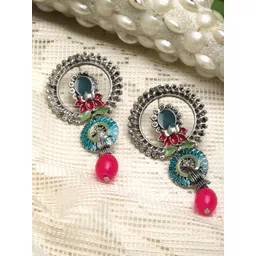 Moedbuille Silver-Plated Artificial Stones Studded and Beaded Floral Shaped Drop Earrings-picture-28
