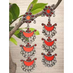 Moedbuille Silver-Plated Artificial Stones Studded Crescent Shaped Oxidised Drop Earrings-picture-38