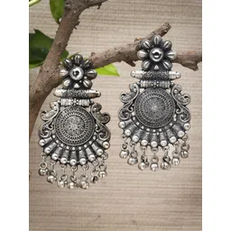 Moedbuille Silver-Plated Artificial Stones Studded Floral Shaped Oxidised Drop Earrings-picture-14