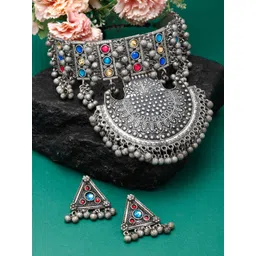 Moedbuille Silver Plated Crystals Stones & Ghungroo Tribal Pendant Oxidised Jewellery Set-picture-39