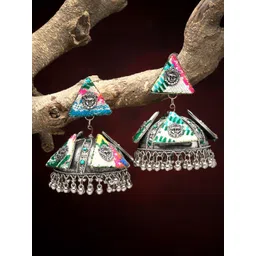 Moedbuille Silver-Plated Crystals Studded Dome Shaped Temple Oxidised Jhumkas-picture-10