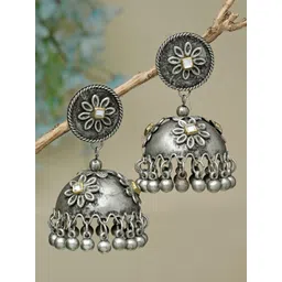 Moedbuille Silver-Plated Dome Shaped Kundan Jhumkas Earrings-picture-10