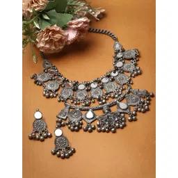 Moedbuille Silver-Plated Mirror Work Studded Oxidised Necklace And Earrings-picture-37