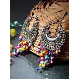 Moedbuille Silver-Plated Multicoloured Oxidised Crescent Shaped Drop Earrings-picture-41
