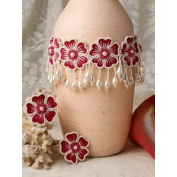 Moedbuille Silver-Plated Pink & Off White Pearls-Studded Floral Jewellery Set-picture-13