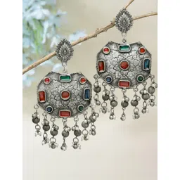 Moedbuille Silver-Plated Stones Studded & Beaded Contemporary Drop Earrings-picture-16