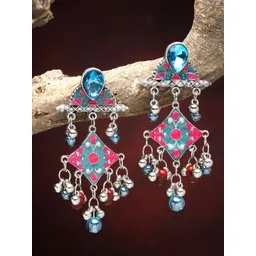 Moedbuille Silver-Plated Stones Studded & Beaded Diamond Meenakari Drop Earrings-picture-18