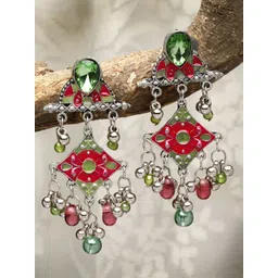 Moedbuille Silver-Plated Stones Studded & Beaded Teardrop Shaped Oxidised Drop Earrings-picture-36