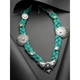 Moedbuille Stone Studded Antique Design Oxidised Silver Plated Handcrafted Bohemian Jute Necklace-picture-28