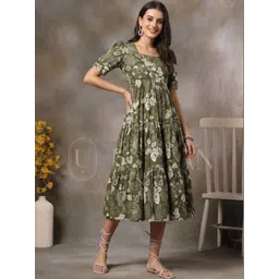 Mogal Fashion Floral Print Puff Sleeve A-Line Midi Dress-picture-39