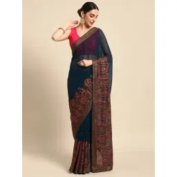 Mohey Blue Embroidered Saree With Unstitched Blouse-picture-24