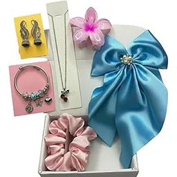 mohmit mart 6-Piece Fashion Accessories Combo (Random Color & Design) | Satin Hair Bow, Pendant Chain, Pandora Charm Bracelet, Oxidised Jhumki, Satin Scrunchie & Korean Big Flower Claw Clip-picture-31