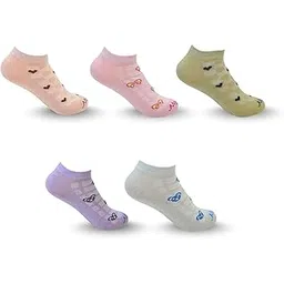 Women's Ankle Socks - Cotton Blend, Butterfly Pattern, Messed type of design for 5 Pastel Colours, Ventilated Mesh, Anti-Slip Grip, Moisture Wicking | (Free size Pack of 5)-image-13