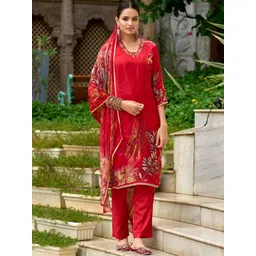 MOJILAA Women Floral Printed Regular Thread Work Kurta with Trousers & Dupatta-picture-33