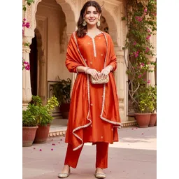 MOKOSH Ethnic Motifs Embroidered Thread Work Pure Silk Kurta with Trousers & With Dupatta-picture-12