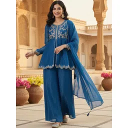 MOKOSH Ethnic Motifs Embroidered Thread Work Pure Silk Kurti with Palazzo & With Dupatta-picture-18