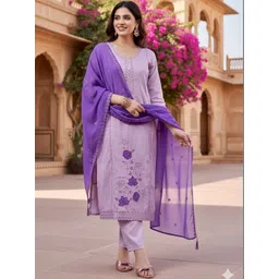 MOKOSH Floral Embroidered Regular Thread Work Pure Silk Kurta with Trousers & With Dupatta-image-29