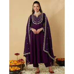 MOKOSH Floral Embroidered Sequinned Notch Neck Anarkali Kurta with Trousers & Dupatta-image-8