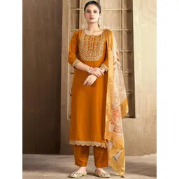 MOKOSH Floral Embroidered Straight Kurta With Trousers And Dupatta-image-30