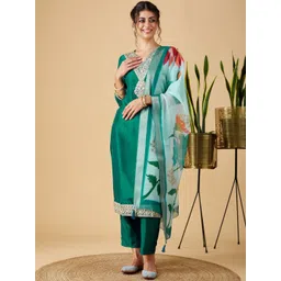 MOKOSH Floral Embroidered V-Neck Straight Kurta With Trousers And Dupatta-image-31