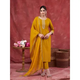 MOKOSH Floral Yoke Design Thread Work Kurta With Trousers & Dupatta-image-24