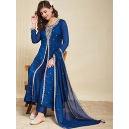 MOKOSH Women Floral Embroidered Panelled Thread Work Kurta with Palazzos & With Dupatta-picture-29