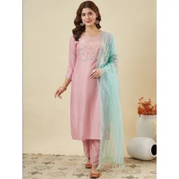 MOKOSH Women Floral Embroidered Regular Thread Work Kurta with Trousers & With Dupatta-picture-30