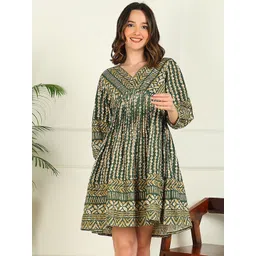 mokshi Green Ethnic Motifs Printed V-Neck Gathered Detailed Empire Dress-picture-12