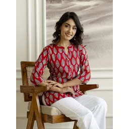 Mokshielite Women Floral Printed Mandarin Collar Pure Cotton Short Kurti-picture-15