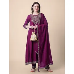 Mollar Women Burgundy Embroidered Mirror Work Kurta with Trousers & With Dupatta-picture-27