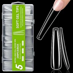 Molly Minx 3XL Square Nail Tips, 240PCS Clear Full Cover Artificial False Nails Tips, Extra Long Acrylic Nail Tips, XXXL Tapered Square's Fake Nails for Salons Home DIY Nail Art 12 Sizes (05 - curve Long Coffin, 240)-picture-14