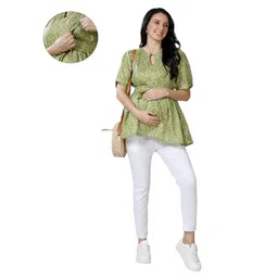 Mom for sure by Ketki Dalal 100% Cotton Woven Half Sleeves Bandhani Printed Maternity Top With Concealed Zipper Nursing Access - Light Green-picture-40