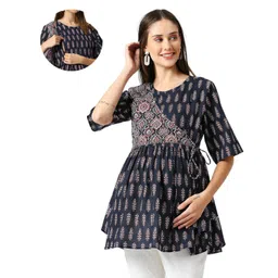 Mom for sure by Ketki Dalal 100% Cotton Woven Half Sleeves Floral Printed Maternity Top With Nursing Access - Black-picture-38