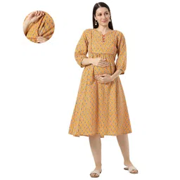 Mom for sure by Ketki Dalal Cotton Blend Woven Three Fourth Sleeves Abstract Printed Dress With Side Zipper Nursing Access - Mustard Yellow-picture-16