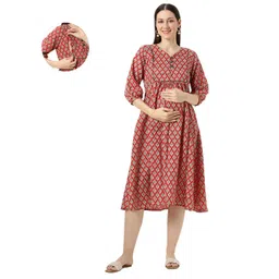 Mom for sure by Ketki Dalal Cotton Blend Woven Three Fourth Sleeves Abstract Printed Dress With Side Zipper Nursing Access - Red-picture-17
