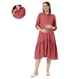 Mom for sure by Ketki Dalal Cotton Blend Woven Three Fourth Sleeves Floral Printed Maternity Shirt Style Dress With Front Open Nursing Access - Fuchsia Pink-picture-23