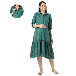 Mom for sure by Ketki Dalal Cotton Blend Woven Three Fourth Sleeves Floral Printed Maternity Shirt Style Dress With Front Open Nursing Access - Green-picture-28
