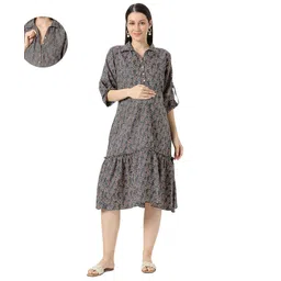 Mom for sure by Ketki Dalal Cotton Blend Woven Three Fourth Sleeves Floral Printed Maternity Shirt Style Dress With Front Open Nursing Access - Grey-picture-29