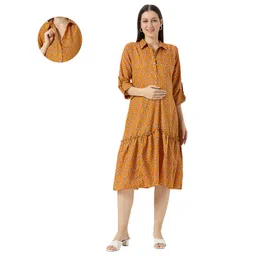 Mom for sure by Ketki Dalal Cotton Blend Woven Three Fourth Sleeves Floral Printed Maternity Shirt Style Dress With Front Open Nursing Access - Mustard Yellow-picture-20