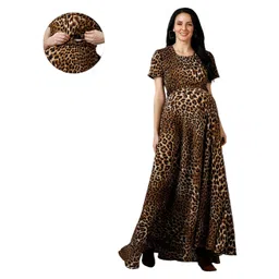 Mom for sure by Ketki Dalal Half Sleeves Animal Printed Maxi Maternity Gown With Concealed Zipper Nursing Access - Brown-picture-14