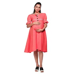 Mom for sure by Ketki Dalal Half Sleeves Solid Elegant Maternity Cum Nursing Midi Dress - Coral-picture-40