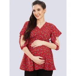 Mom For Sure by Ketki Dalal Maroon Floral Print Crepe Maternity Wrap Top-picture-31