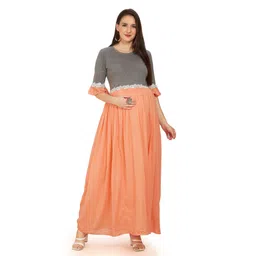 Mom for sure by Ketki Dalal Pure Cotton Frilled Half Sleeves Colour Blocked Maternity Maxi Dress With Concealed Zipper Nursing Access - Coral-picture-20