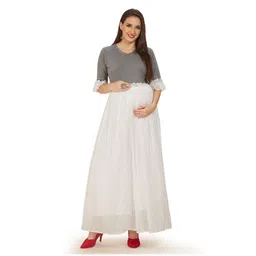 Mom for sure by Ketki Dalal Pure Cotton Frilled Half Sleeves Colour Blocked Maternity Maxi Dress With Concealed Zipper Nursing Access  - White-picture-21