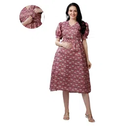 Mom for sure by Ketki Dalal Pure Cotton Half Puffed Sleeves Floral Motif Printed Maternity Dress With Side Seam Nursing Access - Purple-picture-28