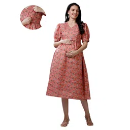 Mom for sure by Ketki Dalal Pure Cotton Woven Half Puffed Sleeves Floral Motif Printed Maternity Dress With Side Seam Nursing Access - Coral-picture-37