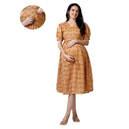 Mom for sure by Ketki Dalal Pure Cotton Woven Half Puffed Sleeves Floral Motif Printed Maternity Dress With Side Seam Nursing Access - Mustard Yellow-picture-36